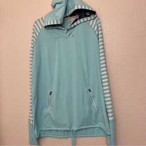 Title Nine Light Aqua Hooded Swim Coverup with White Stripe Accents
